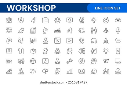 Set of Workshop and Coaching line icons. Outline icon collection related to training, coaching, mentoring, education, meetings, conferences, and teamwork.