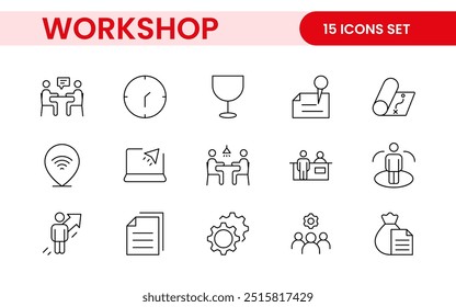 Satz von Symbolen für Workshop- und Coaching-Linien. Gliederungssymbolsammlung zu Schulungen, Coaching, Mentoring, Bildung, Meetings, Konferenzen und Teamarbeit.