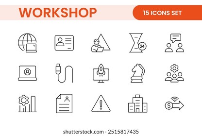 Set of Workshop and Coaching line icons. Outline icon collection related to training, coaching, mentoring, education, meetings, conferences, and teamwork.