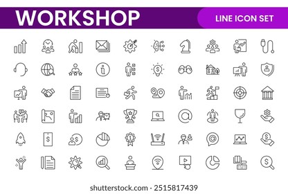 Set of Workshop and Coaching line icons. Outline icon collection related to training, coaching, mentoring, education, meetings, conferences, and teamwork.