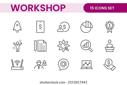 Set of Workshop and Coaching line icons. Outline icon collection related to training, coaching, mentoring, education, meetings, conferences, and teamwork.