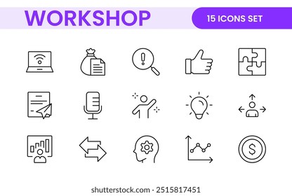 Satz von Symbolen für Workshop- und Coaching-Linien. Gliederungssymbolsammlung zu Schulungen, Coaching, Mentoring, Bildung, Meetings, Konferenzen und Teamarbeit.