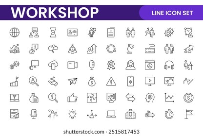 Conjunto de ícones de linha de Workshop e Coaching. Coleção de ícones de tópicos relacionados a treinamento, treinamento, mentoreamento, educação, reuniões, conferências e trabalho em equipe.