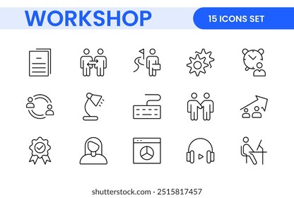 Set of Workshop and Coaching line icons. Outline icon collection related to training, coaching, mentoring, education, meetings, conferences, and teamwork.