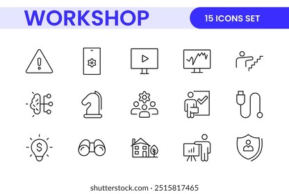 Set of Workshop and Coaching line icons. Outline icon collection related to training, coaching, mentoring, education, meetings, conferences, and teamwork.