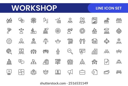 Conjunto de ícones de linha de Workshop e Coaching. Coleção de ícones de tópicos relacionados a treinamento, treinamento, mentoreamento, educação, reuniões, conferências e trabalho em equipe.