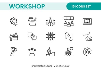 Set of Workshop and Coaching line icons. Outline icon collection related to training, coaching, mentoring, education, meetings, conferences, and teamwork.