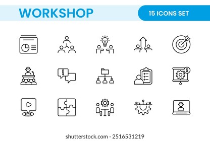 Conjunto de ícones de linha de Workshop e Coaching. Coleção de ícones de tópicos relacionados a treinamento, treinamento, mentoreamento, educação, reuniões, conferências e trabalho em equipe.