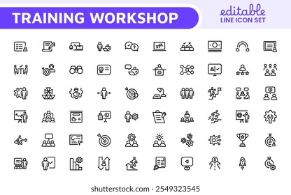 Conjunto de ícones de linha de Workshop e Coaching. Coleção de ícones de tópicos relacionados a treinamento, treinamento, mentoreamento, educação, reuniões, conferências e trabalho em equipe.