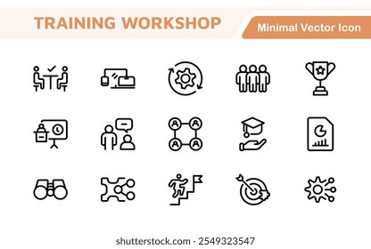 Conjunto de ícones de linha de Workshop e Coaching. Coleção de ícones de tópicos relacionados a treinamento, treinamento, mentoreamento, educação, reuniões, conferências e trabalho em equipe.
