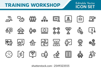 Conjunto de iconos de línea de taller y entrenamiento. Describe la colección de íconos relacionados con la capacitación, el entrenamiento, la tutoría, la educación, las reuniones, las conferencias y el trabajo en equipo.