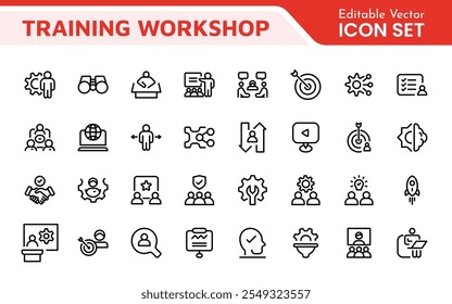 Set of Workshop and Coaching line icons. Outline icon collection related to training, coaching, mentoring, education, meetings, conferences, and teamwork.