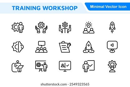 Set of Workshop and Coaching line icons. Outline icon collection related to training, coaching, mentoring, education, meetings, conferences, and teamwork.