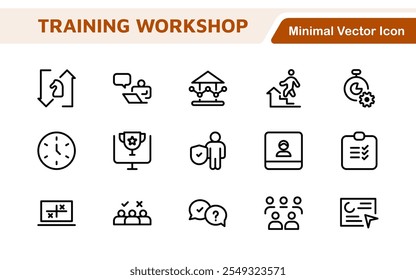 Set of Workshop and Coaching line icons. Outline icon collection related to training, coaching, mentoring, education, meetings, conferences, and teamwork.