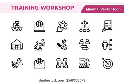 Conjunto de ícones de linha de Workshop e Coaching. Coleção de ícones de tópicos relacionados a treinamento, treinamento, mentoreamento, educação, reuniões, conferências e trabalho em equipe.