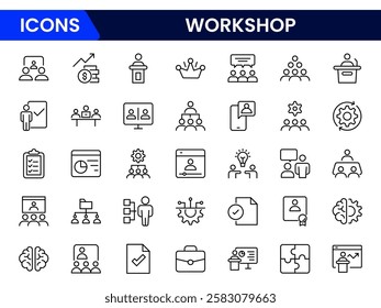 Set of Workshop and Coaching line icons. Outline icon collection related to training, coaching, mentoring, education, meetings, conferences, and teamwork.