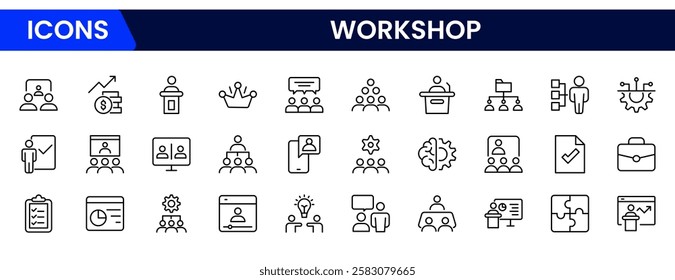 Set of Workshop and Coaching line icons. Outline icon collection related to training, coaching, mentoring, education, meetings, conferences, and teamwork.