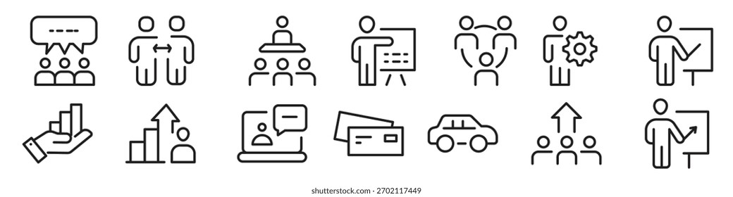 Satz von Symbolen für Workshop- und Coaching-Linien. Gliederungssymbolsammlung zu Schulungen, Coaching, Mentoring, Bildung, Meetings, Konferenzen und Teamarbeit.