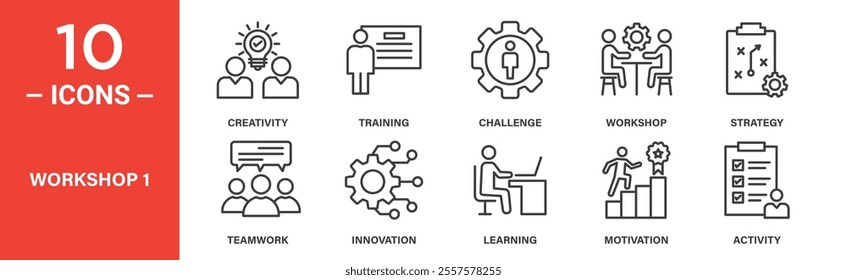 A set of workshop icons featuring creativity, training, challenge, workshop, strategy, teamwork, innovation, learning, motivation, and activity.