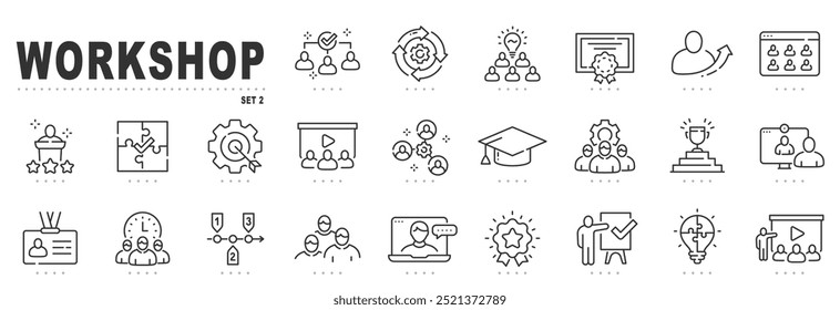 Set of workshop related icons. Training, seminar, conference etc. Editable stroke