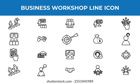 Set of Workshop web line icons, training skills seminar line icon vector workshop, how to growth up and success business icon