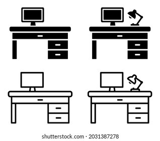 Conjunto de iconos del escritorio del área de trabajo. Mesa, oficina, oficina, lugar de trabajo. Concepto de lugar de trabajo, trabajo de oficina, tecnología moderna, lámpara de mesa, negocios. Ilustración vectorial.
