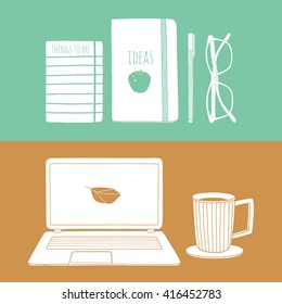 Set of workspace essentials. Hand drawn illustration concept for daily routine. Vector elements