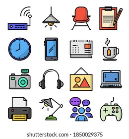 Conjunto de diseño vectorial de icono de contorno relleno del área de trabajo. Incluye computadora, comunidad, café, impresora y más.