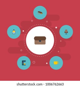 Set of workspace icons flat style symbols with stapler, cup, briefcase and other icons for your web mobile app logo design.