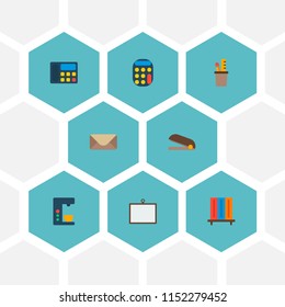 Set of workspace icons flat style symbols with stapler, telephone, bookshelf and other icons for your web mobile app logo design.