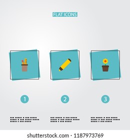 Set of workspace icons flat style symbols with marker, flowerpot, pencil stand icons for your web mobile app logo design.