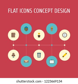 Set of workspace icons flat style symbols with pencil stand, flowerpot, calculator icons for your web mobile app logo design.