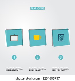 Set of workspace icons flat style symbols with wastebasket, desk, cup and other icons for your web mobile app logo design.