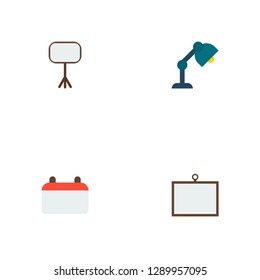 Set of workspace icons flat style symbols with table lamp, desk, calendar and other icons for your web mobile app logo design.