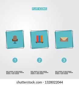 Set of workspace icons flat style symbols with office chair, mail, bookshelf and other icons for your web mobile app logo design.