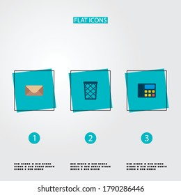 Set of workspace icons flat style symbols with wastebasket, telephone, mail and other icons for your web mobile app logo design.
