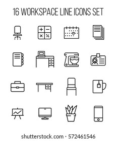 Set of workspace icons in modern thin line style. High quality black outline office symbols for web site design and mobile apps. Simple workspace pictograms on a white background.