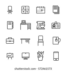 Set of workspace icons in modern thin line style. High quality black outline office symbols for web site design and mobile apps. Simple workspace pictograms on a white background.