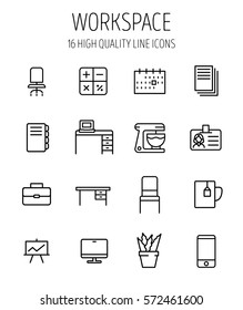 Set of workspace icons in modern thin line style. High quality black outline office symbols for web site design and mobile apps. Simple workspace pictograms on a white background.