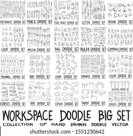 Set Of Workspace Stationery Drawing Illustration Hand Drawn Doodle Sketch Line Vector