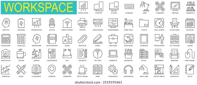 Set of Workspace web icons in thin line design. Pack of office, workplace, computer, teamwork, statistic, tools, brainstorm, presentation, document, other outline stroke pictograms.