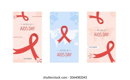 Set of World AIDS Day card. Red awareness ribbon with world map on background. HIV symbol or emblem. Social media story or vertical banner template. Vector illustration in flat style.