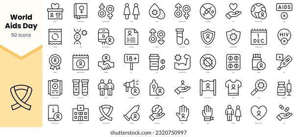 Conjunto de Iconos del Día Mundial de la Ayuda al Sida. Paquete de iconos de estilo de arte de línea simple. Ilustración del vector