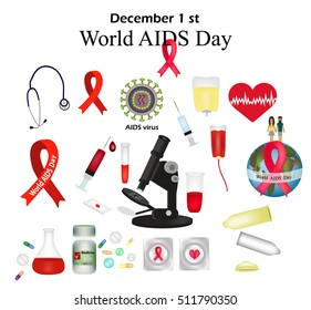 Set - World AIDS Day. Protect yourself from AIDS. Use a condom. The HIV virus. The test for HIV. Infographics. Red ribbon. Vector illustration.