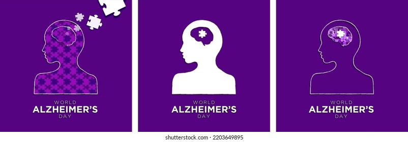 Set of World Alzheimer's Disease Artwork. Minimal Paper Art Concept. Head profile with puzzled mind, question marks. Vector Arts on colored backgrounds.