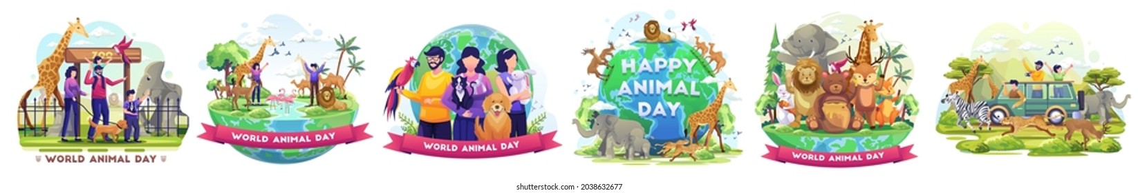 Set of World Animal Day concept illustration. People Celebrate Animal Day. Animals on the planet, Wildlife Day with the animals. vector illustration	