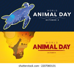 Set of World Animal Day Greeting Cards in paper art style. Gold Turtle Frame with origami sea, jellyfish, seaweeds, and fish. Safari paper art with giraffe, birds, elephants, plants in sunset. Vector.