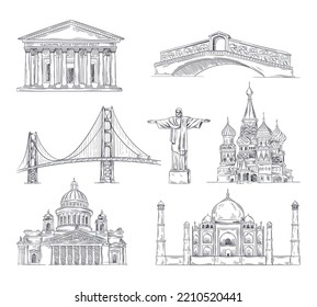 Set world attractions  Linear sketches various famous landmarks  Tourism   vacation  Statue Christ Redeemer  St Basil Cathedral  Taj Mahal  Cartoon flat vector collection isolated white