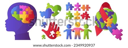 Set of world autism awareness day colorful puzzle pieces, child silhouette, heart figure, planet with ribbon. International solidarity, asperger’s day. Health care, mental illness. Social media post.