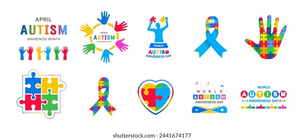 Set of world autism day illustrations. 2 April world autism awareness day background design bundle. puzzles, head, child, heart, hand, ribbon, etc.